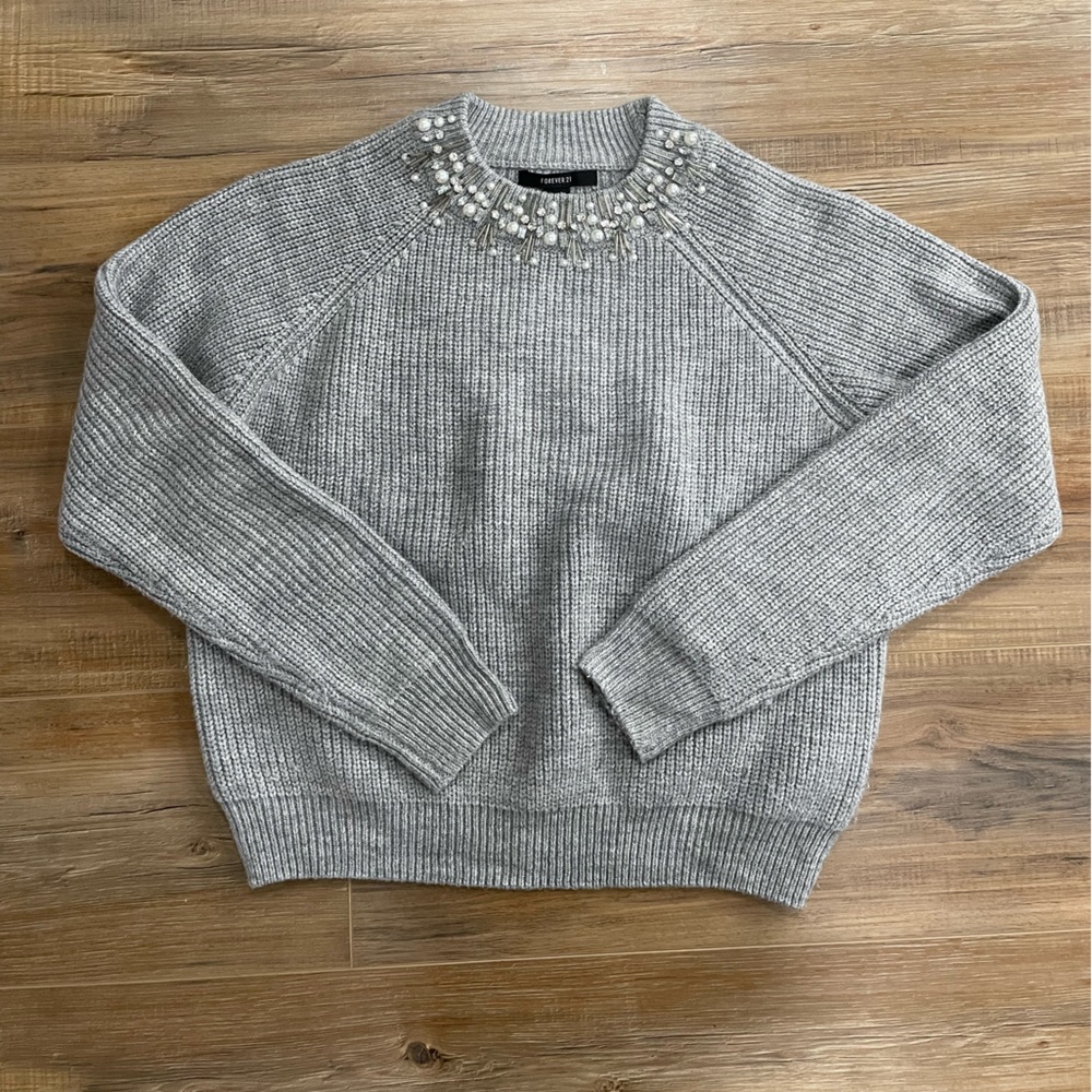 Gray Embellished Neck Sweater Forever 21